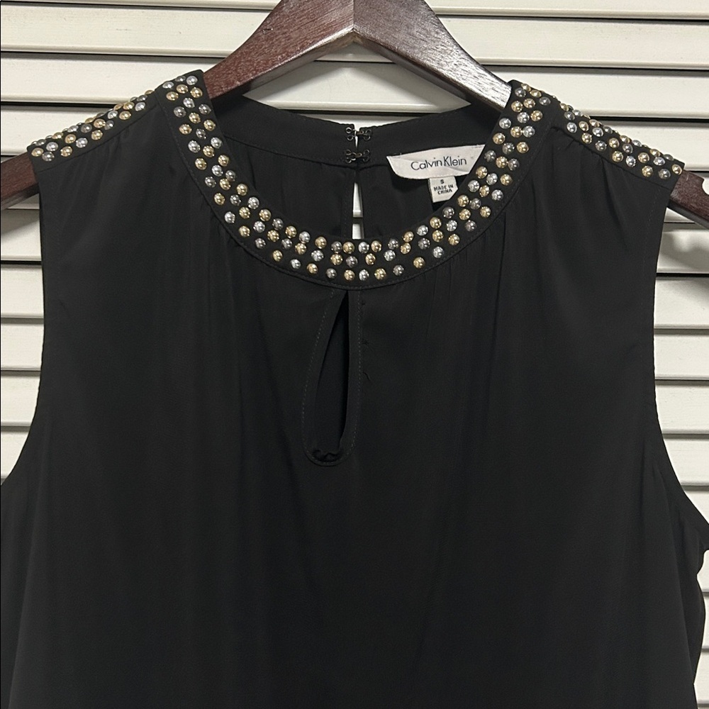 Calvin Klein Sleeveless Black Top with Studded Silver/Gold Neckline - Picture 2 of 5